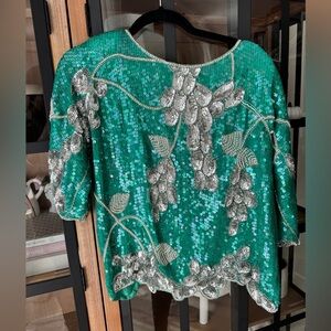 Vintage 80s Sequins Silk Beaded Top Emerald Floral life of a showgirl blouse